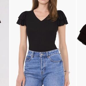 2 for $30 sale: 1.State black stretch knit v-neck blouse with flutter sleeves -